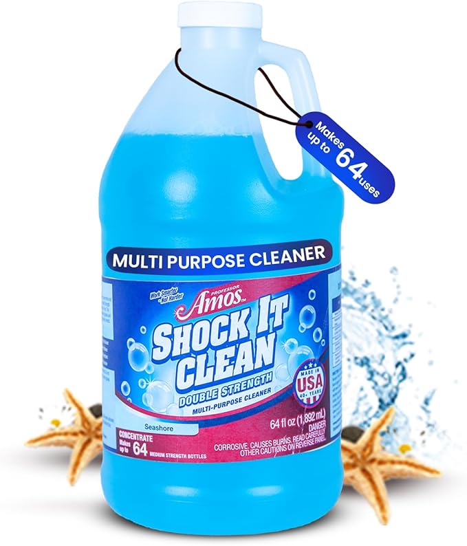 Professor Amos Shock It Clean MultiPurpose Cleaner Double Strength Concentrate All Purpose Carpet, Jewelry, Upholstery, Leather, Stain Remover & Floor Cleaner (Seashore 64 Oz)