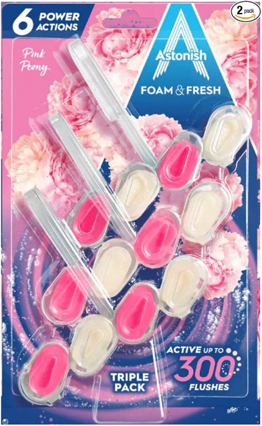 Astonish Foam & Fresh Pink Peony Scented Toilet Blocks - Powerful Odor Control Cleaning Formula Prevents Hard Water Stain Build Up – 2 Blocks, Lasting Freshness For Up to 300 Flushes per Block