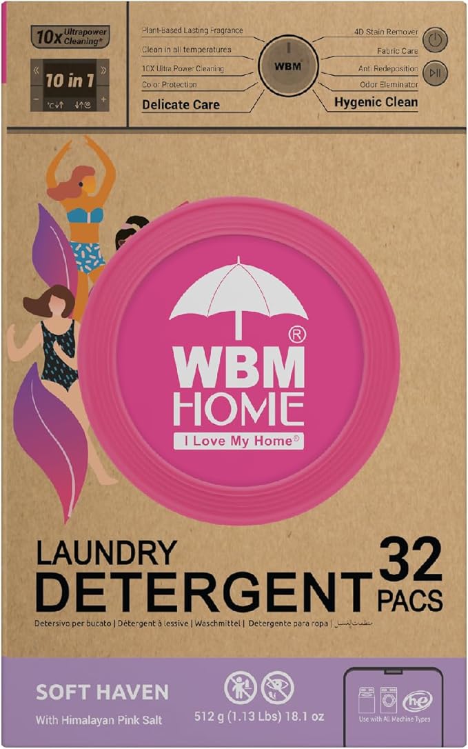WBM Laundry Pods, 32 Count | Specially Designed for Undergarments With Soft Heaven Fragrance | Laundry Detergent Pods Formulated With Plant-Based Formula and Gentle Stain Remover