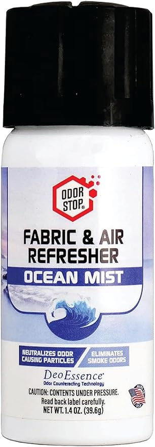 Odor Stop Fabric & Air Refresher, Fights Strong Odors, Fabric Freshener For Car Interiors, Closets, Upholstery, Curtains, & Carpets, Travel Size - OCEAN MIST - 1.4 oz Cans