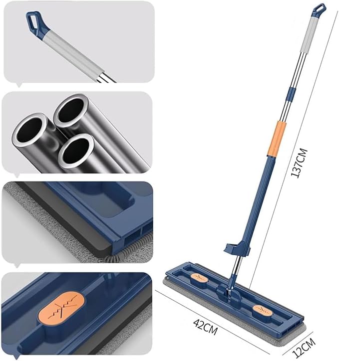 Large Flat Mop, 2023 New Large Flat Mop, Large Surface Flat Mop, Wall Cleaning with Long Handle, Reusable Portable Wet & Dry Lazy 12027(Blue Mop+2pcs Rag)