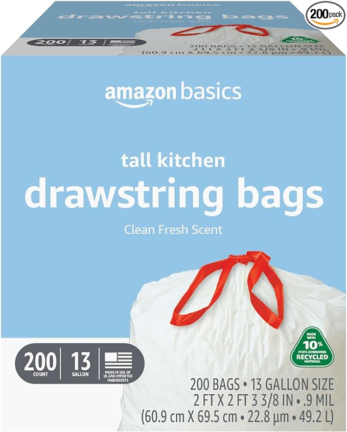 Amazon Basics 13 Gallon Tall Kitchen Drawstring Trash Bags, Clean Fresh Scent, 10% Post Consumer Recycled, 0.9 mil Thick, 200 Count