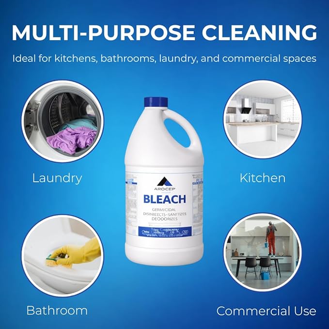 Liquid Chlorine Bleach Gallon – 6Pcs 1 Gallon Jug Bleach for Laundry, Household Cleaning, Commercial Use - Highly Concentrated Formula Bathroom Cleaner Ideal for Kitchen Surfaces, Tiles, Floors