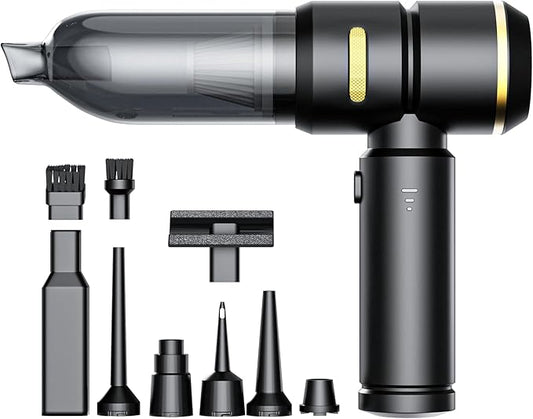 Handheld Car Vacuum Cleaner with Multiple Nozzles, Powerful Portable Design, Black with Gold Accents, Includes Brush and Crevice Tools