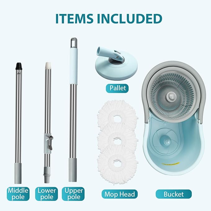 Spin Mop and Bucket with Wringer Set, Operable 360° Rotating Mop Bucket Set with 3 Microfiber Replacement Head, Stainless Steel Extended Handle for Floor Cleaning Home Office（Blue）