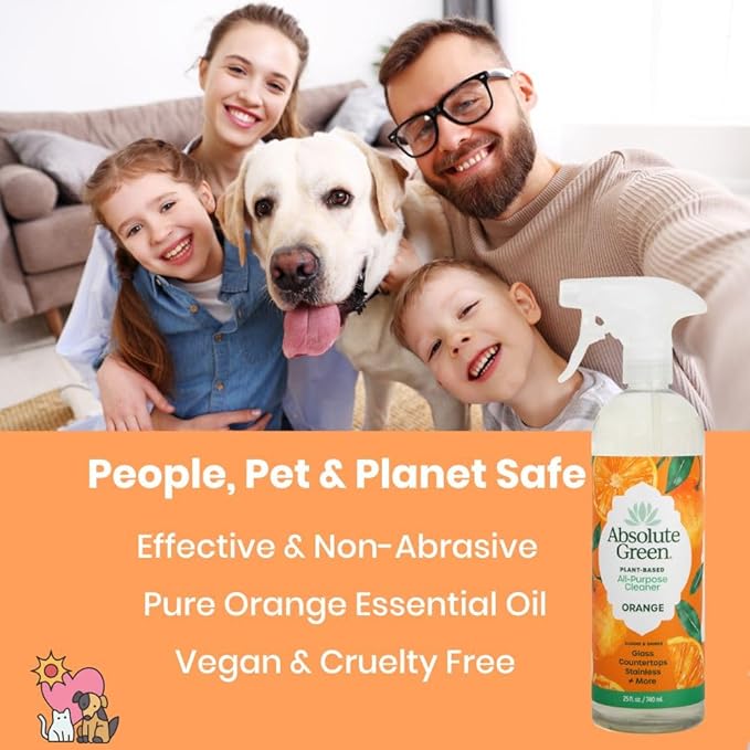 Absolute Green All Purpose Cleaner Spray, Non-Toxic, Kitchen, Bath, Countertop, Stainless, Safe around Kids + Pets, Natural Orange Scent, 25 oz (6 Pack)
