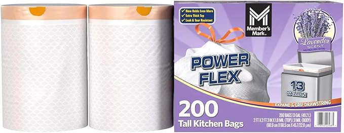 Member's Mark Power Flex Tall Kitchen Drawstring Trash Bags (13 Gallon, 2 Rolls of 100 ct., 200 count total)