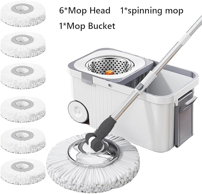 Automatic Spin Mop & Bucket Set, 360° Spinning Mop System with 6 Extra Refill Heads and Refills Extended Handle, Hand-Free Automatic Dehydration Mop for Household Floor Cleaning