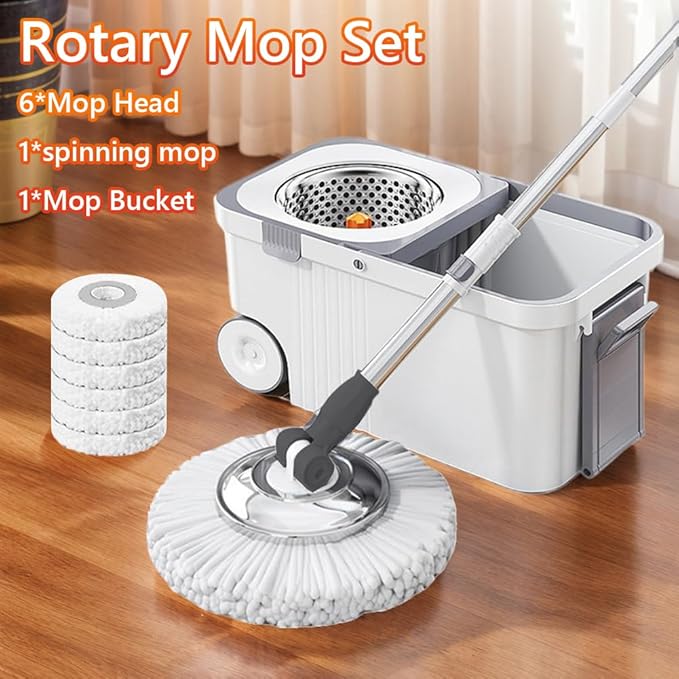 Automatic Spin Mop & Bucket Set, 360° Spinning Mop System with 6 Extra Refill Heads and Refills Extended Handle, Hand-Free Automatic Dehydration Mop for Household Floor Cleaning