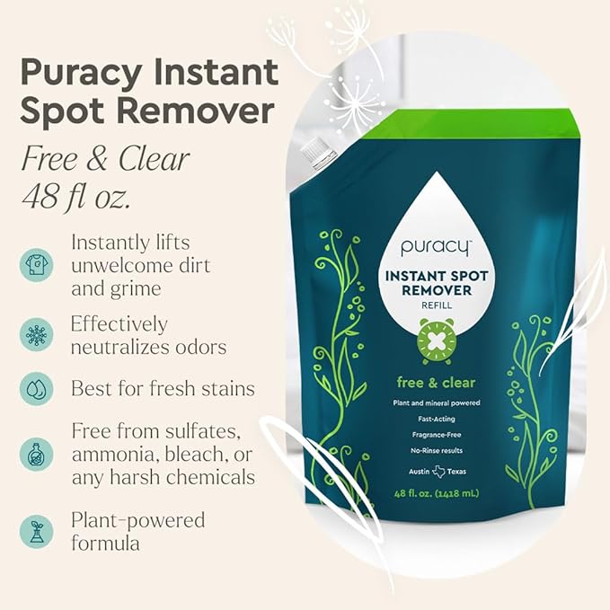 Puracy Instant Spot Remover for Clothes - Cleaning Spray, Stain Spray - Car Cleaner, Carpet Cleaning Solution, Couch Stain Remover - Free & Clear, 25 + 48 Fl Oz