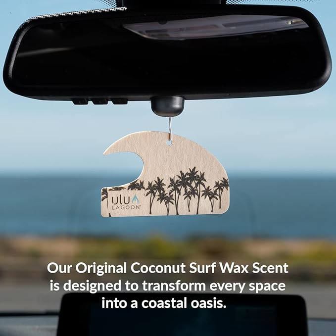 ulu Lagoon Hanging Car Air Freshener | Tropical Beach Coconut Surf Wax Scent Mini Wave | Long Lasting Car Freshener, Closet and Beyond | Made In USA | 3 Pack (Black Palms)
