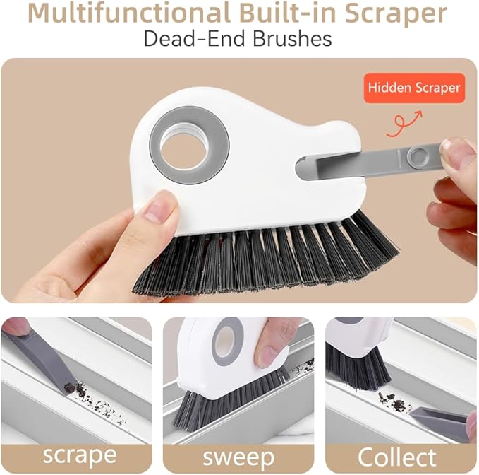 2 in 1 Groove Cleaning Brush, Window Track Cleaning Tools, Multifunction Window Track Cleaner with Hard Bristle and Hidden Scraper, Crevice Brush for Sliding Door Track, Window Seal, Sill (Gray)
