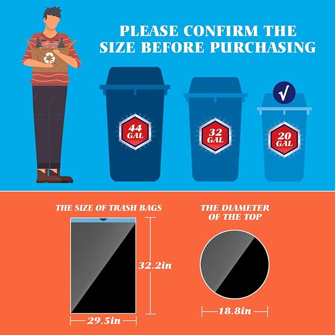 20 Gallon Large Drawstring Trash Bags 120 Counts, Fit 20-21 Gal Trash Can, Heavy Duty Tall Kitchen Garbage Liners, Large Trash Bags Size Chart for Home/Office, Outdoor Lawn & Leaf Bags, Black
