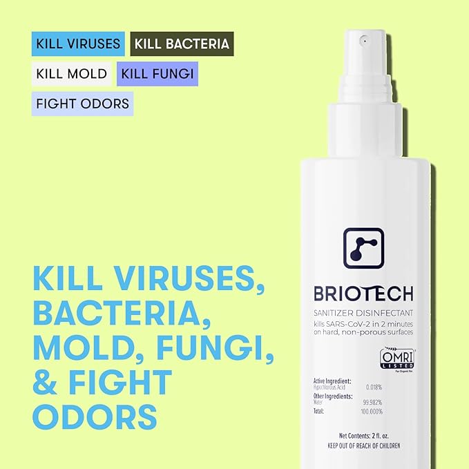 BRIOTECH Sanitizer Disinfectant Hypochlorous Spray, Kill 99.99% of Viruses & Bacteria, Control Mold, Eliminate Odor, Gentle for Nursery & Play Rooms, Food Contact Surface Sanitizer, 8.5 fl oz (2 Pack)