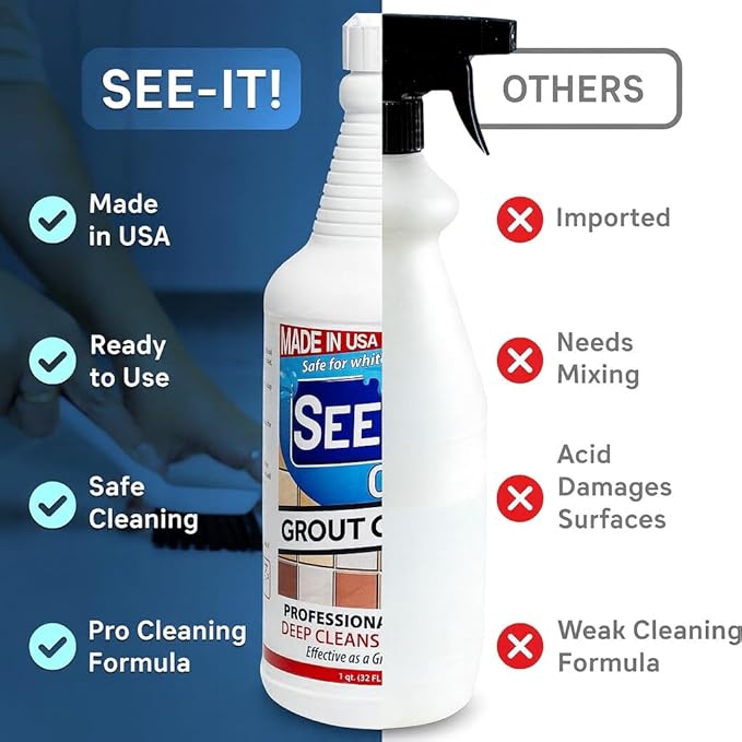 SEE-IT! Grout & Tile Deep Cleaner Brightener & Heavy-Duty Stain Remover Acid-Free Safe for Ceramic, Porcelain, Marble, Stone - 32 fl. oz. with Hand Cleaning Brush