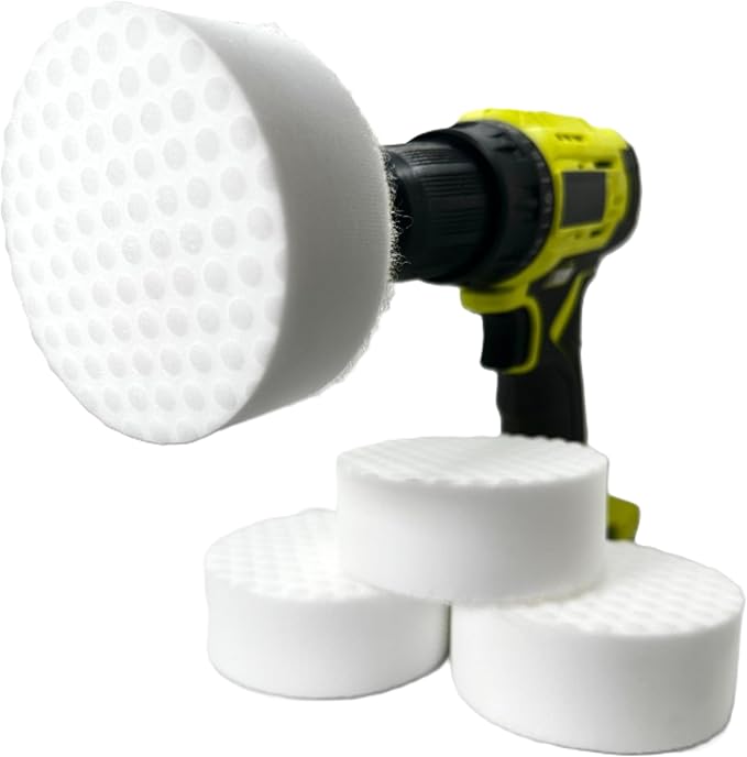 4.5” Drill Powered Magic Sponge Eraser 6 Pieces Kit with Drill Attachment | 25% Thicker Ultra Durable Melamine Cleaning Eraser Pads for Bathroom Kitchen Floors Walls Baseboards Crayon Marker and More