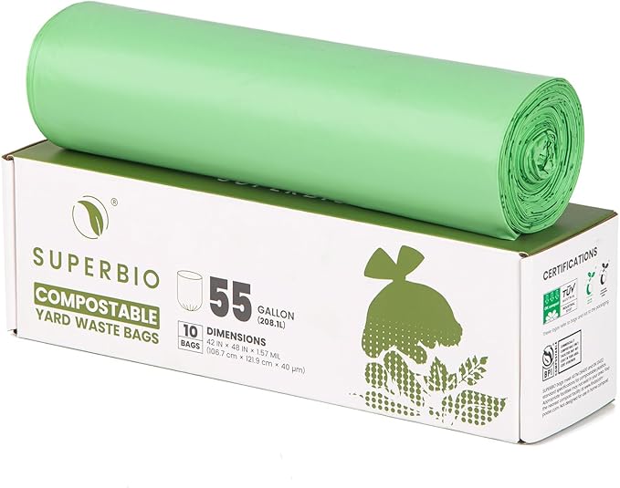 SUPERBIO 55 Gallon Compostable Yard Waste Bags, Lawn & Leaf Bags, Heavy Duty Extra Thick 1.57 Mil, 10 Count, 208.1 Liter, BPI and OK compost INDUSTRIAL