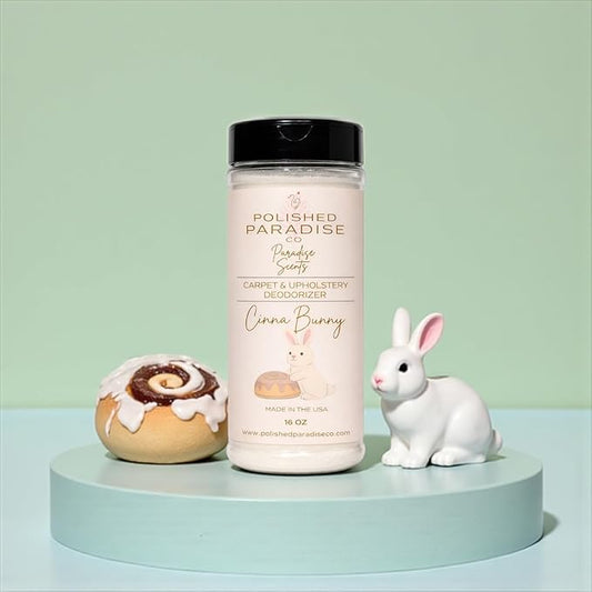 Paradise Scents Cinnamon Bun Carpet and Upholstery Deodorizer, Easter Holiday Scent Powder for Rugs and Textiles, 16 Oz (CinnaBunny)