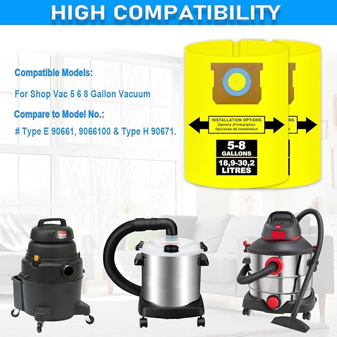 5-8 Gallon Bags for Shop Vac 5, 6, 8 Gallon, 90661, 90671, Type E, Type H, VF2004, VHBS, VDBS, 9066100, 9066133, 9067100 Vacuums, High-Efficiency Disposable Collection Filter Bag, Double Layer, 6 pack