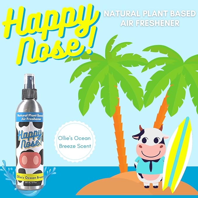 Happy Nose! Natural Plant-Based Air Freshener, Odor Neutralizer Spray for Home, Work, Pets, Vehicle, Smoke, Sports Equipment (Ollie's Ocean Breeze, 4 Pack)
