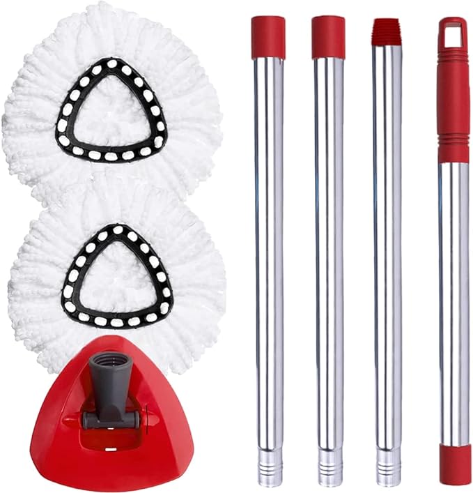 Spin Mop Head, Base, Handle Replacement for O-Ceda EasyWring Microfiber Spin Mops, 2 Microfiber Mop Refills, 1 Triangle Head Cover and 30-58in Handle Set Combo (White(1 Tank System))