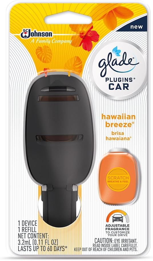 Glade PlugIns Car Air Freshener Starter Kit, Hawaiian Breeze, 1 Warmer + 4 Refills