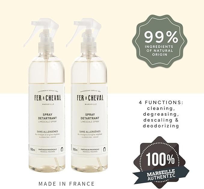 Fer à Cheval Limescale Spray 500 ml/16.9 fl oz (2 Pack) – Plant-Origin Multi-Surface Cleaner for Hard Water Marks and Soap Residue, Made in France