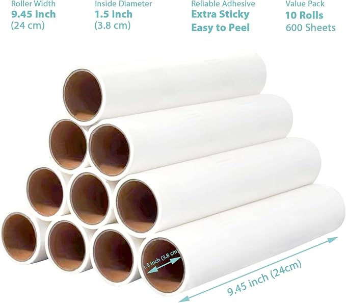 Floor Lint Roller Refills 9.45 inch Pet Hair Sticky Roller Refills for 9.4 inch to 9.5 inch Large Lint Rollers, Great Value Bulk Pack of 10 Rolls Extra Sticky 600 Sheets Total