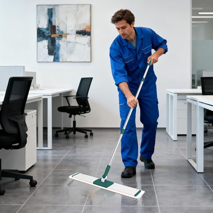 CQT Commercial Flat Microfiber Floor Mop Cleaning System 24" Inch Wet Dry and Dust Hardwood with 4 Washable Pads Cleaner for Laminate Tile Stainless Steel Handle and Extension (PT14 Green)