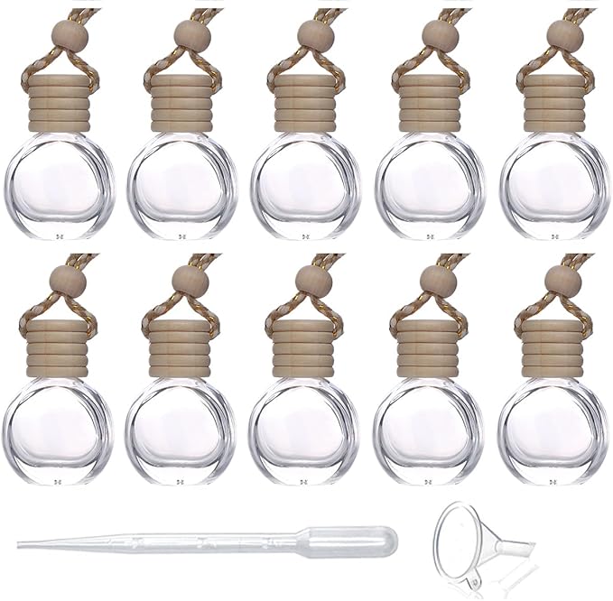 10 Pcs 8ml Hanging Essential Oil Diffuser,Empty Clear Glass Oblate Car Air Freshener Perfume Aromatherapy Pendant Bottle Vials With Wooden Caps & Hanging String-FREE 1 Funnel&Dropper