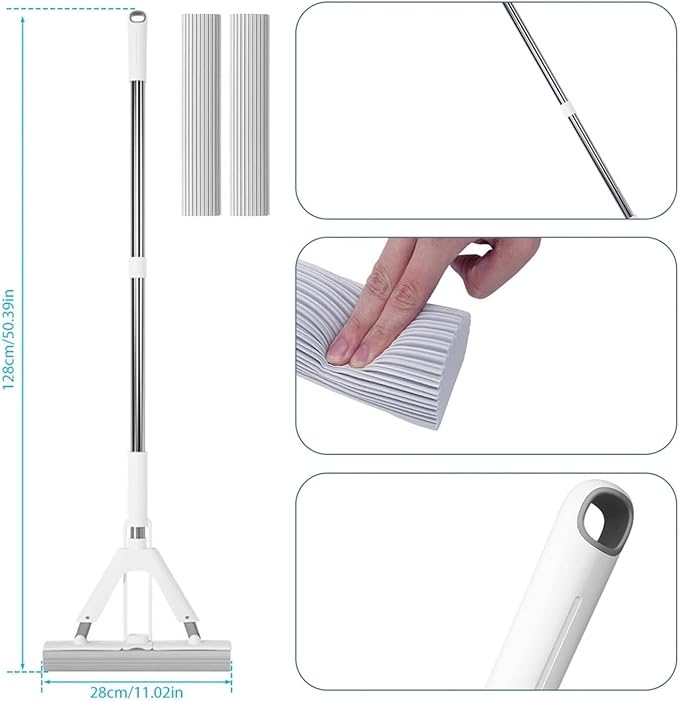 Mop and Bucket Set Sponge Mop Squeeze Wood Floor Tiles Spin Cleaning Tools Spray Mop(White)