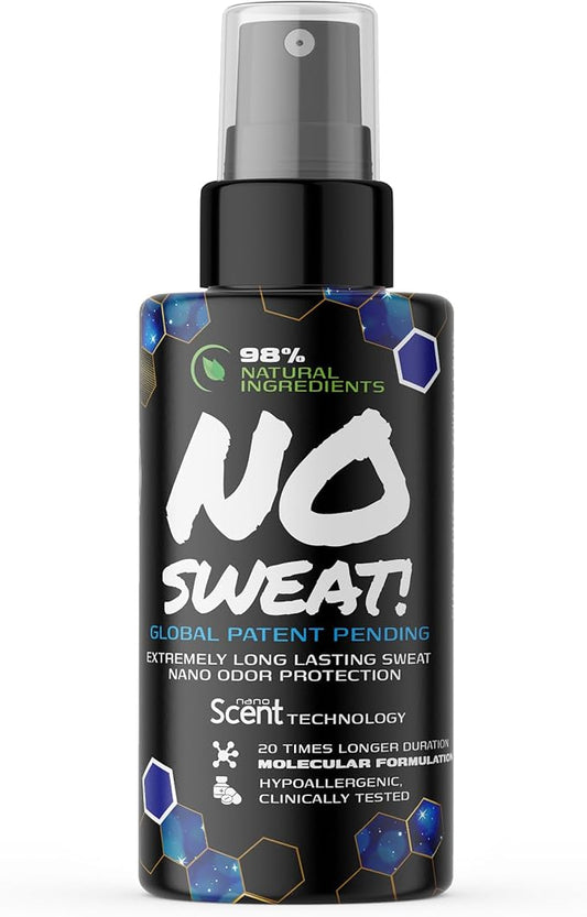 NO SWEAT! Ultra Long Lasting Sweat and Body Odor Protection, 98% Natural Ingredients, Hypoallergenic & Clinically Tested, Alcohol-Free & Fabric Safe, 20x Longer Duration, Created from Science (50mL)