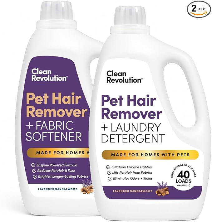 Clean Revolution Pet Hair Remover Laundry System 2-Pack: Laundry Detergent + Fabric Softener with HairLift™ Technology | Removes Pet Hair, Odors & Residue | 40 Loads Each | Lavender Sandalwood