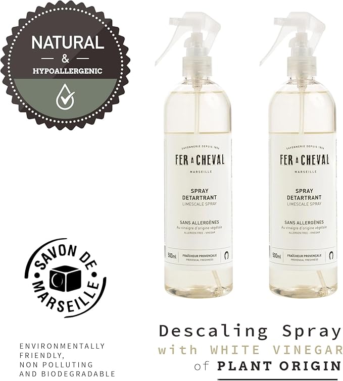 Fer à Cheval Limescale Spray 500 ml/16.9 fl oz (2 Pack) – Plant-Origin Multi-Surface Cleaner for Hard Water Marks and Soap Residue, Made in France