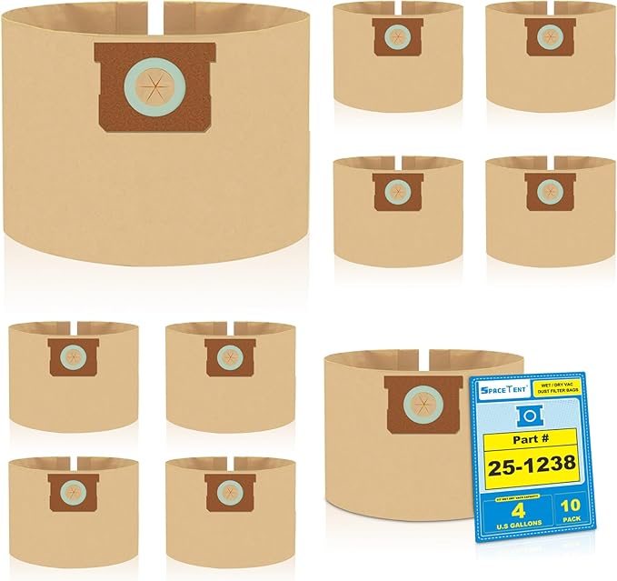 SpaceTent 10 Pack Vacuum Filter Bags Compatible with Stanley and PorterCable 4 Gallon Wet Dry Vacuum, Part # 25-1238
