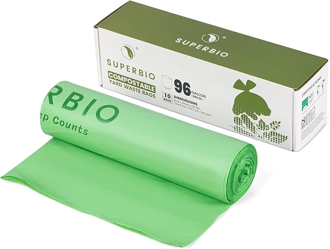 SUPERBIO 96 Gallon Compostable Yard Waste Bags, Extra Thick 1.57 Mil, 10 Count, BPI, OK compost INDUSTRIAL, and Seedling