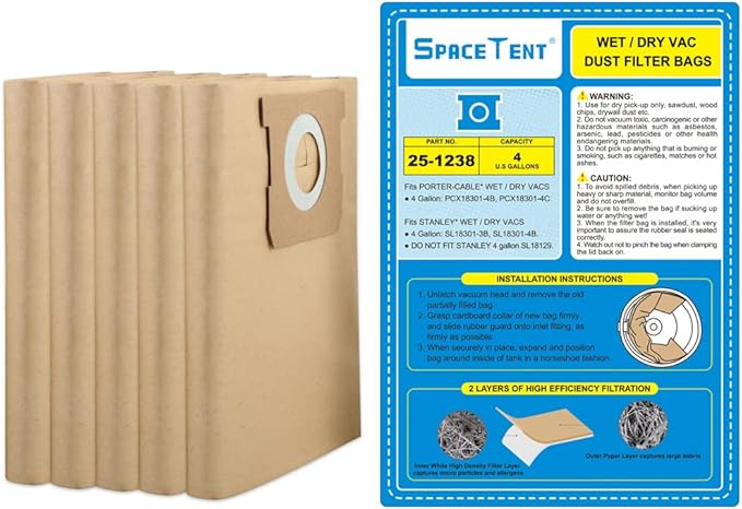 SpaceTent 5 Pack Replacement Shop Vac Filter Bags 25-1238 for Stanley and Porter-Cable 4 Gallon Wet Dry Vacuums PCX18301-4B SL18301-3B, Part# AT25-1238