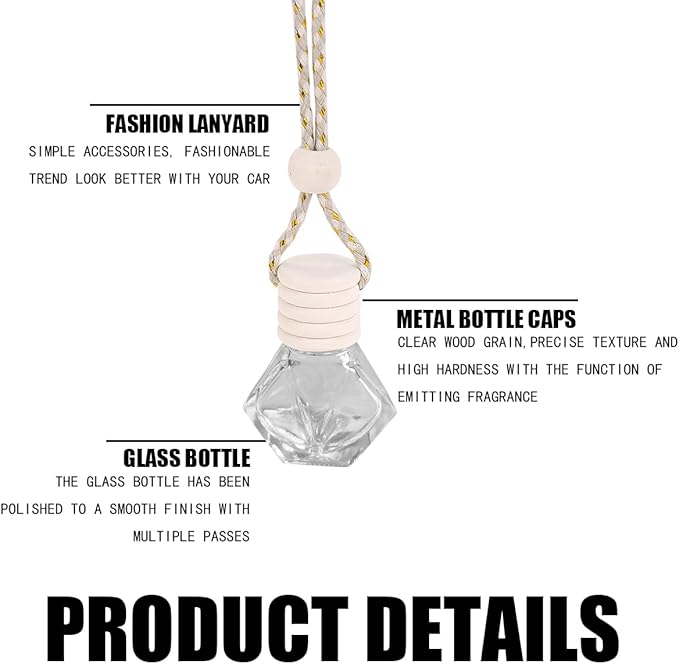 5PCS Hanging Car Air Freshener, 8 ml Oil Diffuser Perfume Aromatherapy Pendant Empty Glass Bottle, Fragrance Ornament with Vent Clip Wooden Cap and Rope, Auto Interior Decoration (Rhombic)