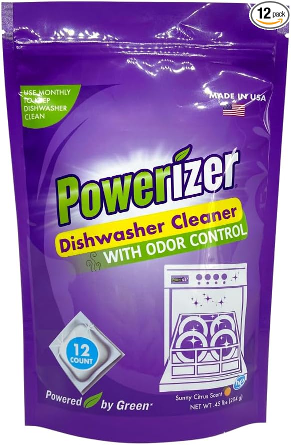 Powerizer Dishwasher Cleaner - Pack of 12 Pods| Removes Grease, Stains, & Odors | Eco-Friendly Solution for Sparkling Clean Dishes | Compatible with All Dishwashers
