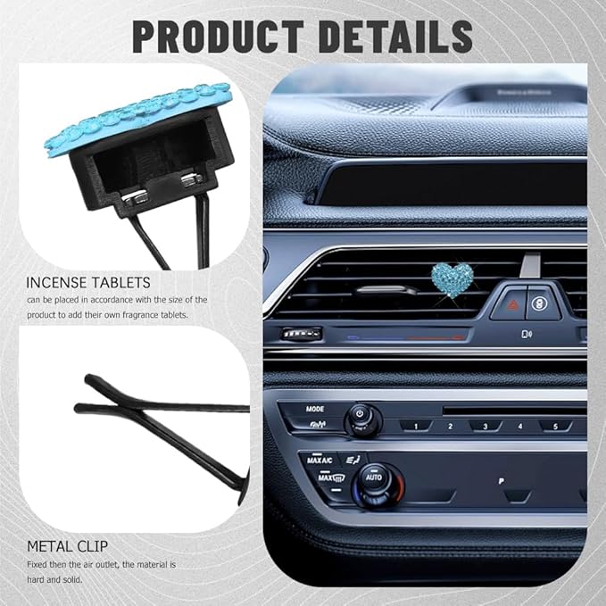 2PCS Bling Heart Air Vent Clips, Heart Shaped Crystal Air Freshener Vent Clips, Rhinestone Air Conditioning Outlet Clip, Universal Interior Decor Car Accessories for Women Girl (Blue)