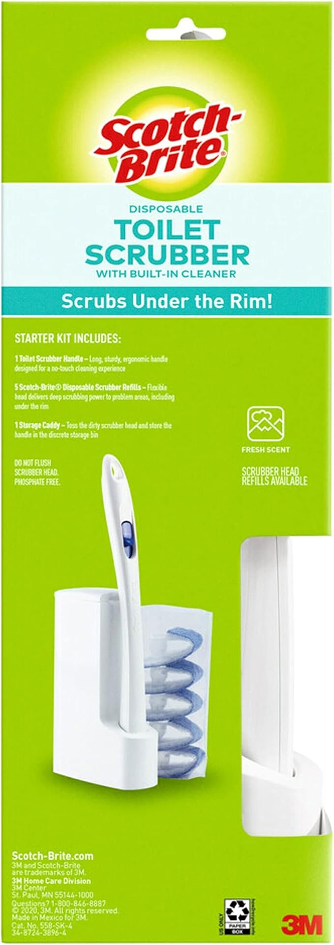 Scotch-Brite Disposable Toilet Scrubber Starter Kit, Disposable Refills with Built-In Bleach Alternative, Includes 1 Handle, Storage Caddy and 5 Refills