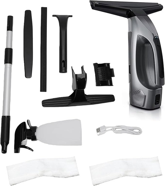 Window Cleaning Robot, 2200mAh Rechargeable Electric Glass Cleaner with 11 Inch Squeegee for Shower Doors Mirrors Tiles Car Windshield Countertops Vacuuming Glass (White) (Black)