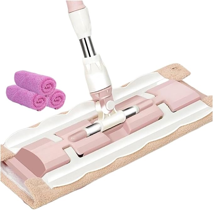 Flat Mop Floor Telescopic with Large Microfiber Pads Spin 360 Degree Handle Home Windows Kitchen Cleaner Wood Tile(Pink 4 Mop Cloths)