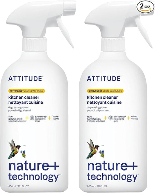 ATTITUDE Kitchen Cleaner Spray, EWG Verified, Powerful Degreaser, Cuts Grease & Grime, Plant-Based & Vegan, Citrus Zest Scent, 27.1 Fl Oz (Pack of 2)