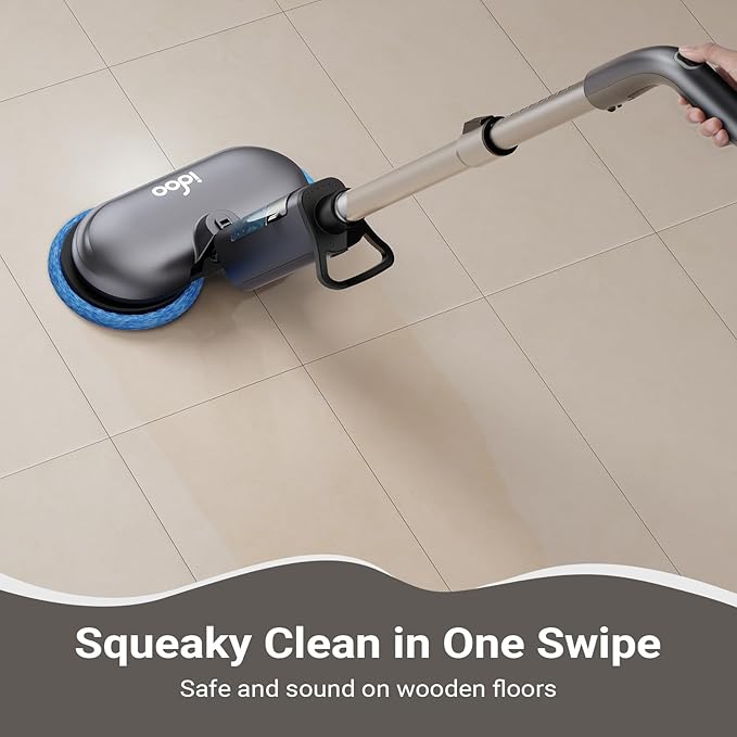 iDOO Cordless Electric Mop, Rechargeable Spin Mop with Water Spray & LED Headlight, Quiet Self Propelled Floor Cleaner, Washable Pads & 350ml Water Tank, Lightweight Floor Scrubber for All Floors