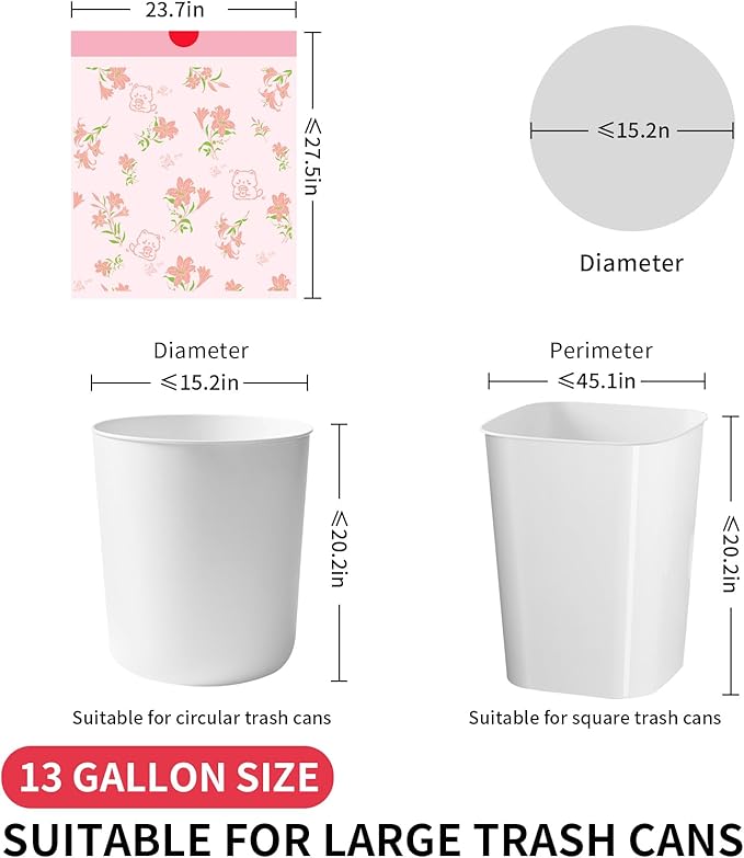 13 Gallon Trash Bags with Lily Printed & Drawstring, Tear-Resistant Tall Kitchen Garbage Bags, Extra Thick Large Trash Can Liners for Home/Office, 50 Count