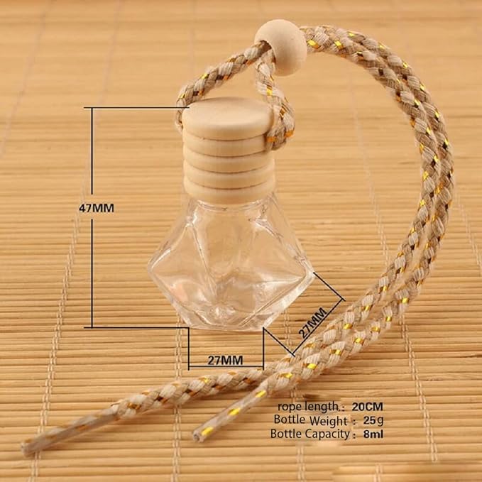 5Pcs 8ml Hanging Car Air Freshener Perfume Bottle, Refillable Aromatherapy Fragrance Clear Empty Essential Oil Diffuser Perfume Pendant Auto Ornaments Decor Accessories with Wooden Caps