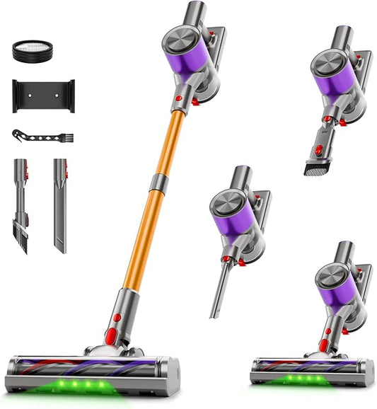 Cordless Stick Vacuum Cleaner, 40Kpa Powerful Suction Vacuum Cleaner with LED Headlight, Detachable Battery, 8-in-1 Lightweight Handheld Vacuums for Pet Hair Carpet and Hardwood Floor, Purple