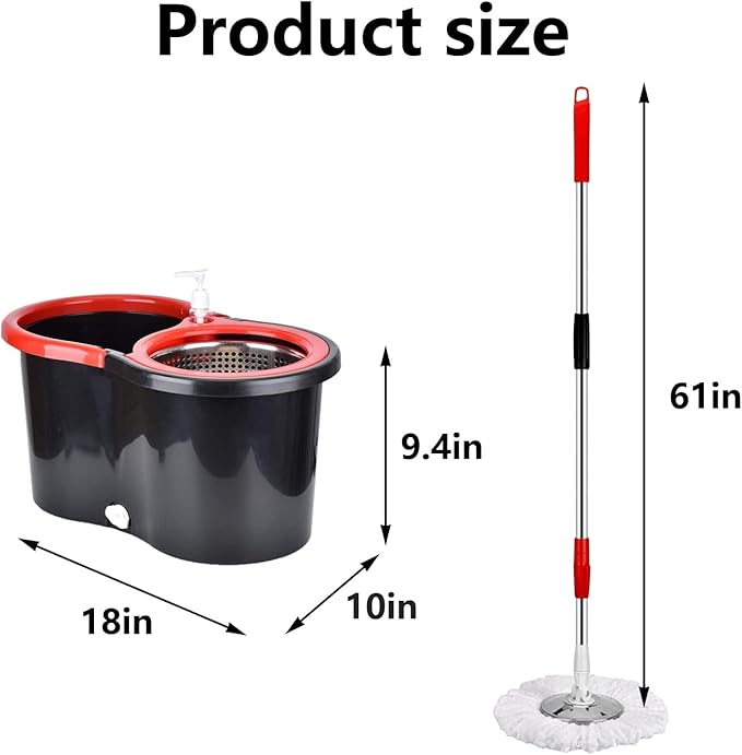 2 Mop and Bucket Set,Spin Mop and Bucket with Wringer,for Floor Cleaning,with Adjustable Stainless Steel Handle,soap Dispenser and 6 Microfiber Mop Heads (Black)