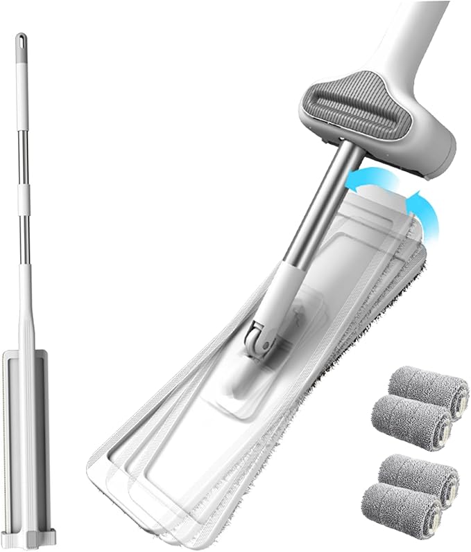 Flat Mop with Self Wringer Fast-drying Microfiber Floor Mop 360° Rotating Spin Mop with 4 Mop Pads for Wet & Dry Hardwood, Laminate, Tile Cleaning.